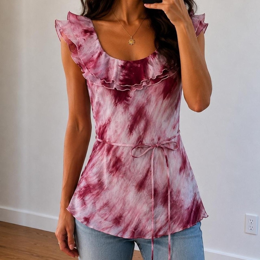 Pink Watercolour Chiffon Blouse Ruffle Neckline Women S Balletcore Coquette Y2K